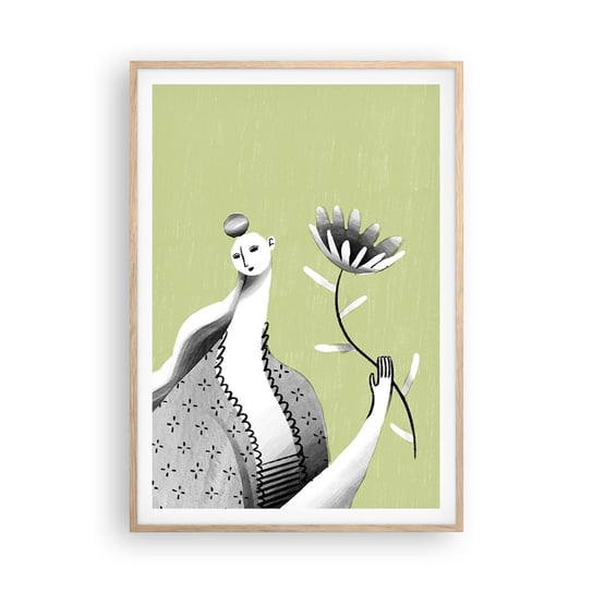 Obraz - Plakat - Portret modernistyczny – trzymająca kwiat - 70x100cm - Kobieta Kwiat Karykatura - Foto Plakaty w ramie koloru jasny dąb do Salonu Sypialni ARTTOR ARTTOR