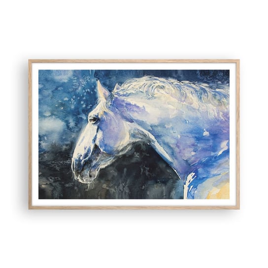 Obraz - Plakat - Portret w błękitnej poświacie - 100x70cm - Koń Malarstwo Zwierzęta - Foto Plakaty w ramie koloru jasny dąb do Salonu Sypialni ARTTOR ARTTOR
