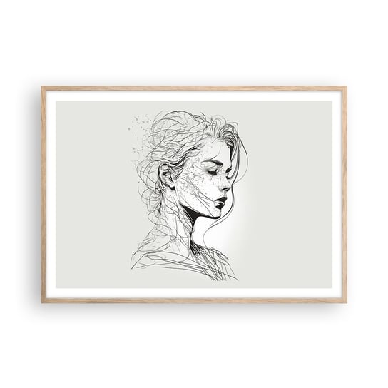 Obraz - Plakat - Portret w zamyśleniu - 100x70cm - Kobieta Portret Kreska - Foto Plakaty w ramie koloru jasny dąb do Salonu Sypialni ARTTOR ARTTOR