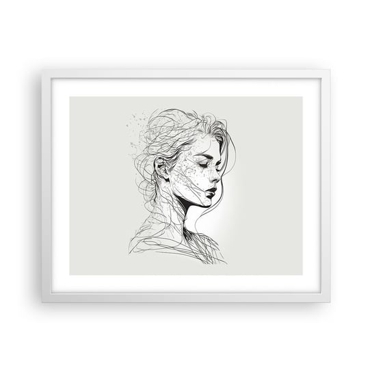Obraz - Plakat - Portret w zamyśleniu - 50x40cm - Kobieta Portret Kreska - Foto Plakaty w ramie koloru białego do Salonu Sypialni ARTTOR ARTTOR