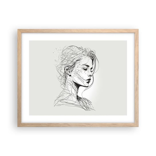 Obraz - Plakat - Portret w zamyśleniu - 50x40cm - Kobieta Portret Kreska - Foto Plakaty w ramie koloru jasny dąb do Salonu Sypialni ARTTOR ARTTOR