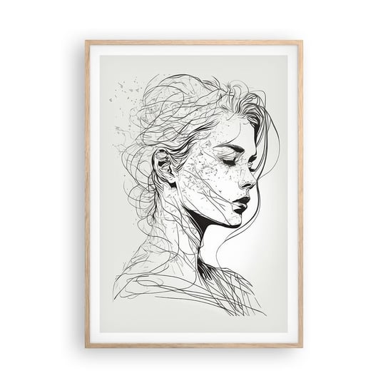 Obraz - Plakat - Portret w zamyśleniu - 70x100cm - Kobieta Portret Kreska - Foto Plakaty w ramie koloru jasny dąb do Salonu Sypialni ARTTOR ARTTOR