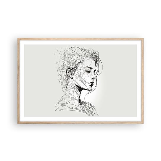 Obraz - Plakat - Portret w zamyśleniu - 91x61cm - Kobieta Portret Kreska - Foto Plakaty na ścianę w ramie jasny dąb - Plakat do Salonu Sypialni ARTTOR ARTTOR