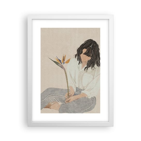 Obraz - Plakat - Portret z egzotycznym kwiatem - 30x40cm - Boho Kobieta Kwiat - Foto Plakaty na ścianę w ramie białej - Plakat do Salonu Sypialni ARTTOR ARTTOR