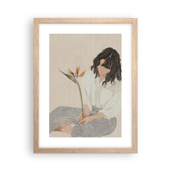 Obraz - Plakat - Portret z egzotycznym kwiatem - 30x40cm - Boho Kobieta Kwiat - Foto Plakaty na ścianę w ramie jasny dąb - Plakat do Salonu Sypialni ARTTOR ARTTOR