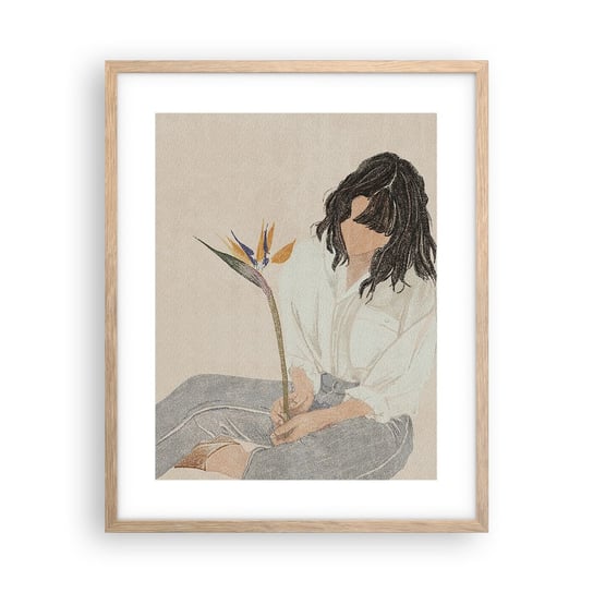 Obraz - Plakat - Portret z egzotycznym kwiatem - 40x50cm - Boho Kobieta Kwiat - Foto Plakaty w ramie koloru jasny dąb do Salonu Sypialni ARTTOR ARTTOR