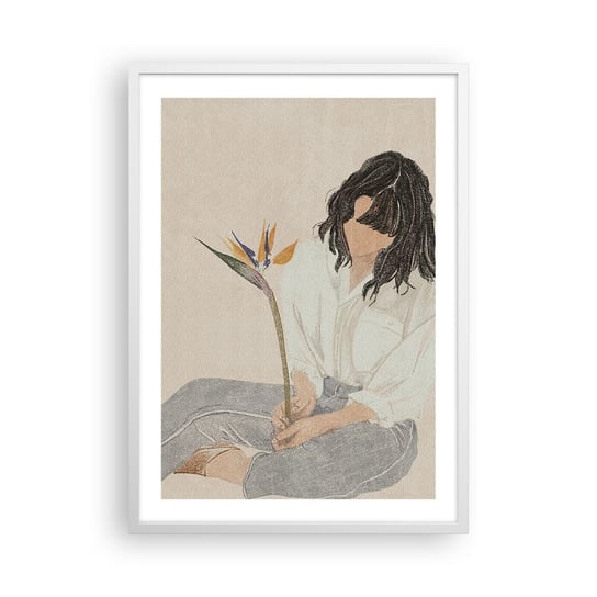 Obraz - Plakat - Portret z egzotycznym kwiatem - 50x70cm - Boho Kobieta Kwiat - Nowoczesny modny obraz Plakat rama biała ARTTOR ARTTOR