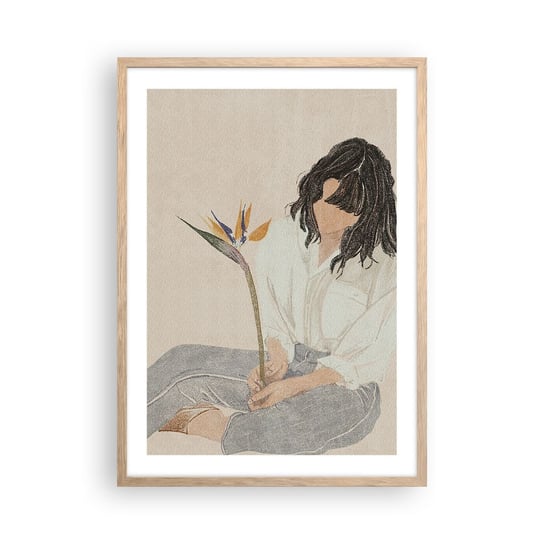 Obraz - Plakat - Portret z egzotycznym kwiatem - 50x70cm - Boho Kobieta Kwiat - Nowoczesny modny obraz Plakat rama jasny dąb ARTTOR ARTTOR