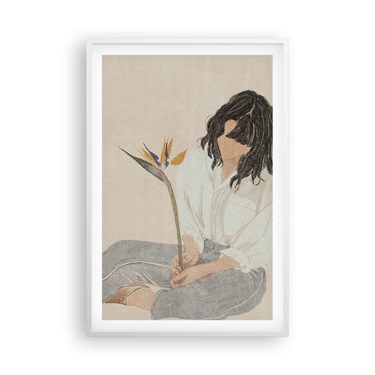 Obraz - Plakat - Portret z egzotycznym kwiatem - 61x91cm - Boho Kobieta Kwiat - Foto Plakaty na ścianę w ramie białej - Plakat do Salonu Sypialni ARTTOR ARTTOR