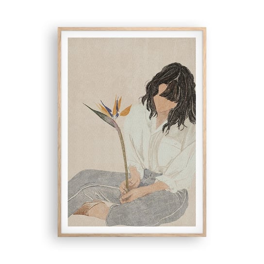 Obraz - Plakat - Portret z egzotycznym kwiatem - 70x100cm - Boho Kobieta Kwiat - Foto Plakaty w ramie koloru jasny dąb do Salonu Sypialni ARTTOR ARTTOR