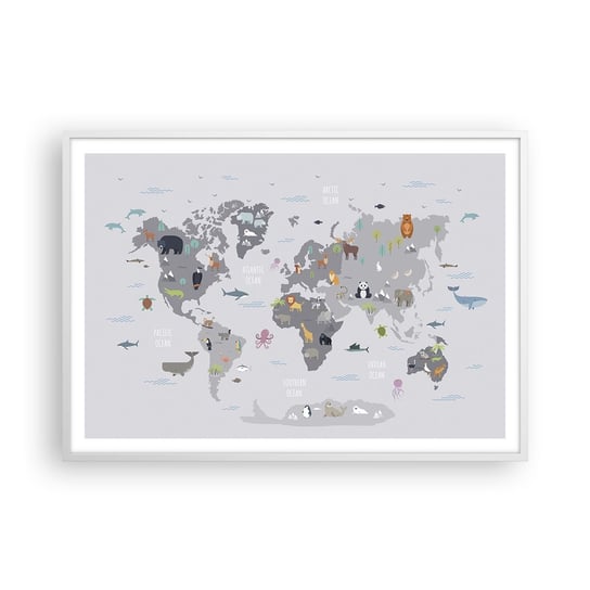 Obraz - Plakat - Powiedz mi, skąd jesteś… - 100x70cm - Mapa Świata Zwierzęta Kontynenty - Foto Plakaty w ramie koloru białego do Salonu Sypialni ARTTOR ARTTOR