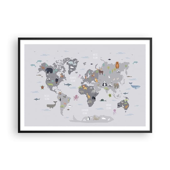 Obraz - Plakat - Powiedz mi, skąd jesteś… - 100x70cm - Mapa Świata Zwierzęta Kontynenty - Foto Plakaty w ramie koloru czarnego do Salonu Sypialni ARTTOR ARTTOR