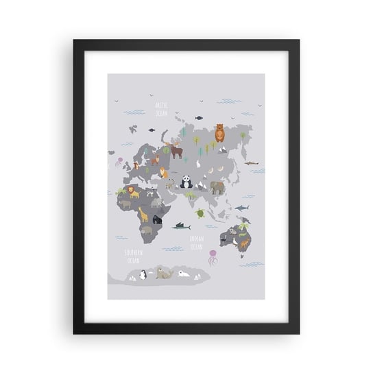 Obraz - Plakat - Powiedz mi, skąd jesteś… - 30x40cm - Mapa Świata Zwierzęta Kontynenty - Foto Plakaty na ścianę w czarnej ramie - Plakat do Salonu Sypialni ARTTOR ARTTOR