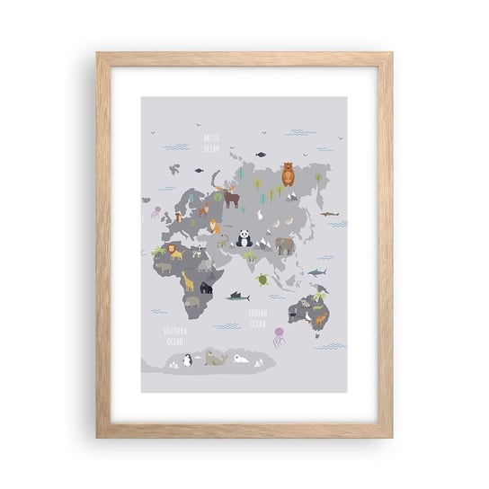 Obraz - Plakat - Powiedz mi, skąd jesteś… - 30x40cm - Mapa Świata Zwierzęta Kontynenty - Foto Plakaty na ścianę w ramie jasny dąb - Plakat do Salonu Sypialni ARTTOR ARTTOR