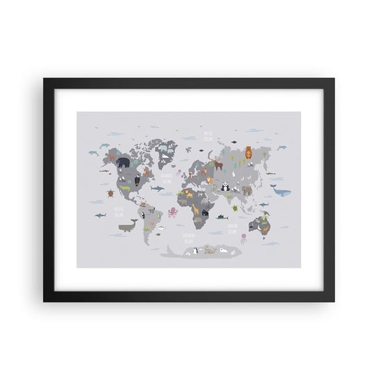 Obraz - Plakat - Powiedz mi, skąd jesteś… - 40x30cm - Mapa Świata Zwierzęta Kontynenty - Foto Plakaty na ścianę w czarnej ramie - Plakat do Salonu Sypialni ARTTOR ARTTOR