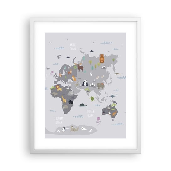 Obraz - Plakat - Powiedz mi, skąd jesteś… - 40x50cm - Mapa Świata Zwierzęta Kontynenty - Foto Plakaty w ramie koloru białego do Salonu Sypialni ARTTOR ARTTOR