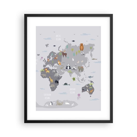 Obraz - Plakat - Powiedz mi, skąd jesteś… - 40x50cm - Mapa Świata Zwierzęta Kontynenty - Foto Plakaty w ramie koloru czarnego do Salonu Sypialni ARTTOR ARTTOR