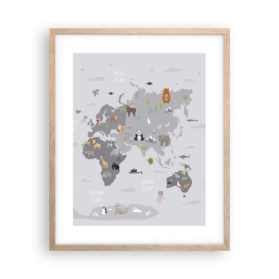 Obraz - Plakat - Powiedz mi, skąd jesteś… - 40x50cm - Mapa Świata Zwierzęta Kontynenty - Foto Plakaty w ramie koloru jasny dąb do Salonu Sypialni ARTTOR ARTTOR