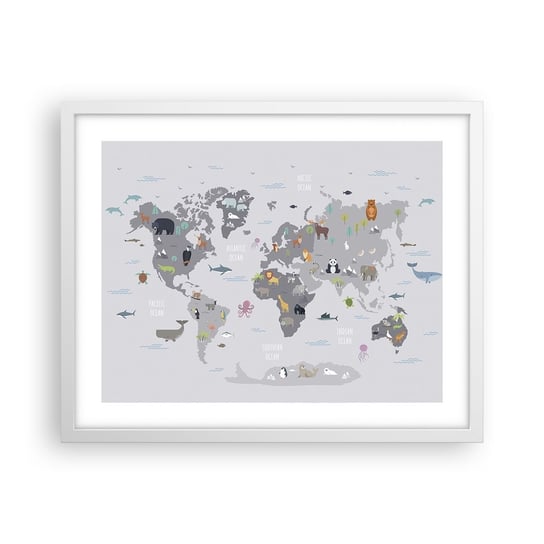 Obraz - Plakat - Powiedz mi, skąd jesteś… - 50x40cm - Mapa Świata Zwierzęta Kontynenty - Foto Plakaty w ramie koloru białego do Salonu Sypialni ARTTOR ARTTOR