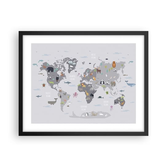 Obraz - Plakat - Powiedz mi, skąd jesteś… - 50x40cm - Mapa Świata Zwierzęta Kontynenty - Foto Plakaty w ramie koloru czarnego do Salonu Sypialni ARTTOR ARTTOR