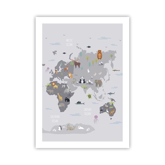 Obraz - Plakat - Powiedz mi, skąd jesteś… - 50x70cm - Mapa Świata Zwierzęta Kontynenty - Nowoczesny modny obraz Plakat bez ramy do Salonu Sypialni ARTTOR ARTTOR