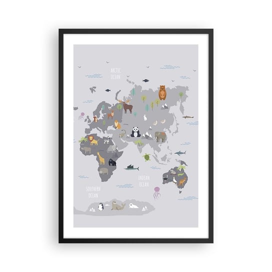 Obraz - Plakat - Powiedz mi, skąd jesteś… - 50x70cm - Mapa Świata Zwierzęta Kontynenty - Nowoczesny modny obraz Plakat czarna rama ARTTOR ARTTOR