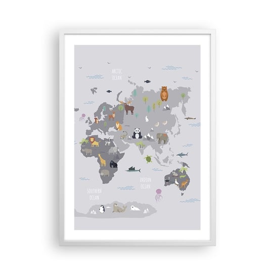 Obraz - Plakat - Powiedz mi, skąd jesteś… - 50x70cm - Mapa Świata Zwierzęta Kontynenty - Nowoczesny modny obraz Plakat rama biała ARTTOR ARTTOR