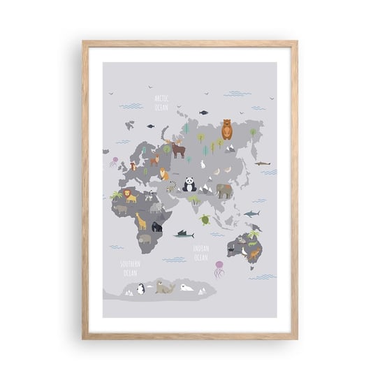 Obraz - Plakat - Powiedz mi, skąd jesteś… - 50x70cm - Mapa Świata Zwierzęta Kontynenty - Nowoczesny modny obraz Plakat rama jasny dąb ARTTOR ARTTOR