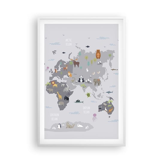 Obraz - Plakat - Powiedz mi, skąd jesteś… - 61x91cm - Mapa Świata Zwierzęta Kontynenty - Foto Plakaty na ścianę w ramie białej - Plakat do Salonu Sypialni ARTTOR ARTTOR