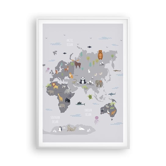 Obraz - Plakat - Powiedz mi, skąd jesteś… - 70x100cm - Mapa Świata Zwierzęta Kontynenty - Foto Plakaty w ramie koloru białego do Salonu Sypialni ARTTOR ARTTOR