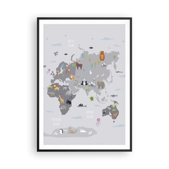Obraz - Plakat - Powiedz mi, skąd jesteś… - 70x100cm - Mapa Świata Zwierzęta Kontynenty - Foto Plakaty w ramie koloru czarnego do Salonu Sypialni ARTTOR ARTTOR