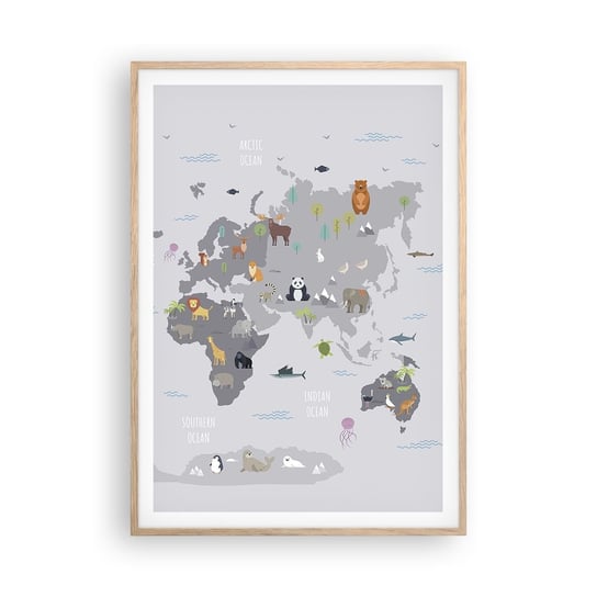 Obraz - Plakat - Powiedz mi, skąd jesteś… - 70x100cm - Mapa Świata Zwierzęta Kontynenty - Foto Plakaty w ramie koloru jasny dąb do Salonu Sypialni ARTTOR ARTTOR
