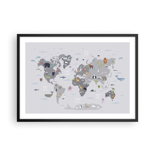 Obraz - Plakat - Powiedz mi, skąd jesteś… - 70x50cm - Mapa Świata Zwierzęta Kontynenty - Nowoczesny modny obraz Plakat czarna rama ARTTOR ARTTOR