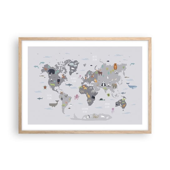 Obraz - Plakat - Powiedz mi, skąd jesteś… - 70x50cm - Mapa Świata Zwierzęta Kontynenty - Nowoczesny modny obraz Plakat rama jasny dąb ARTTOR ARTTOR
