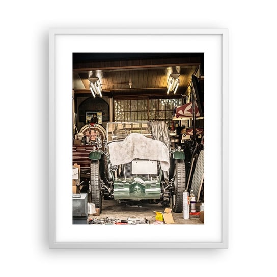 Obraz - Plakat - Powrót do przeszłości - 40x50cm - Samochód Garaż Samochodowy Vintage - Foto Plakaty w ramie koloru białego do Salonu Sypialni ARTTOR ARTTOR