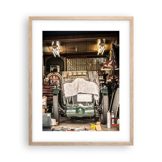 Obraz - Plakat - Powrót do przeszłości - 40x50cm - Samochód Garaż Samochodowy Vintage - Foto Plakaty w ramie koloru jasny dąb do Salonu Sypialni ARTTOR ARTTOR