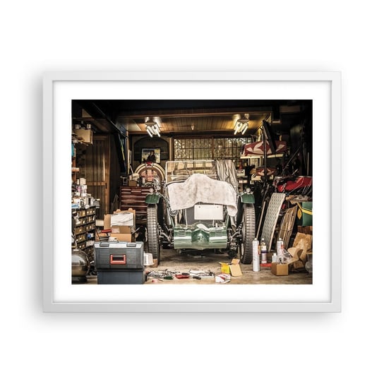Obraz - Plakat - Powrót do przeszłości - 50x40cm - Samochód Garaż Samochodowy Vintage - Foto Plakaty w ramie koloru białego do Salonu Sypialni ARTTOR ARTTOR