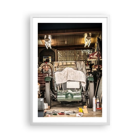 Obraz - Plakat - Powrót do przeszłości - 50x70cm - Samochód Garaż Samochodowy Vintage - Nowoczesny modny obraz Plakat rama biała ARTTOR ARTTOR
