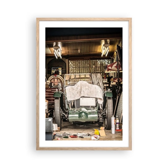 Obraz - Plakat - Powrót do przeszłości - 50x70cm - Samochód Garaż Samochodowy Vintage - Nowoczesny modny obraz Plakat rama jasny dąb ARTTOR ARTTOR