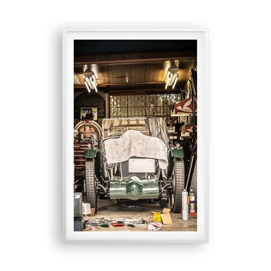 Obraz - Plakat - Powrót do przeszłości - 61x91cm - Samochód Garaż Samochodowy Vintage - Foto Plakaty na ścianę w ramie białej - Plakat do Salonu Sypialni ARTTOR ARTTOR