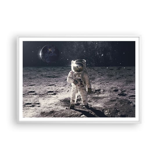 Obraz - Plakat - Pozdrowienia z Księżyca - 100x70cm - Abstrakcja Człowiek Na Księżycu Astronauta - Foto Plakaty w ramie koloru białego do Salonu Sypialni ARTTOR ARTTOR