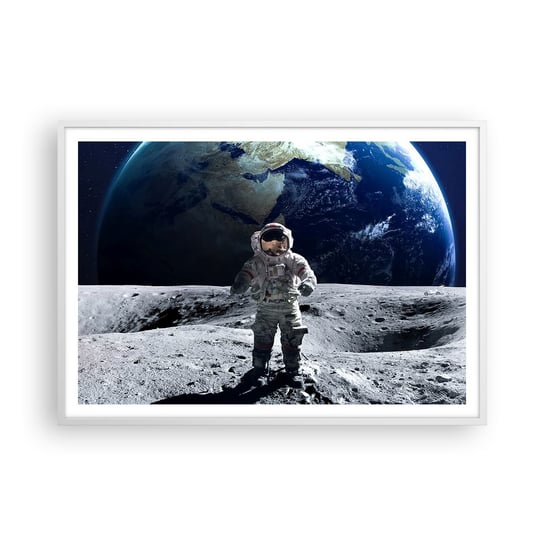 Obraz - Plakat - Pozdrowienia z Księżyca - 100x70cm - Astronauta Księżyc Planeta Ziemia - Foto Plakaty w ramie koloru białego do Salonu Sypialni ARTTOR ARTTOR