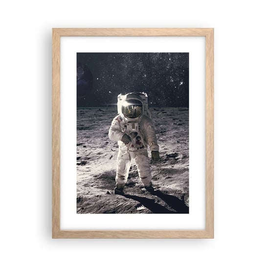 Obraz - Plakat - Pozdrowienia z Księżyca - 30x40cm - Abstrakcja Człowiek Na Księżycu Astronauta - Foto Plakaty na ścianę w ramie jasny dąb - Plakat do Salonu Sypialni ARTTOR ARTTOR
