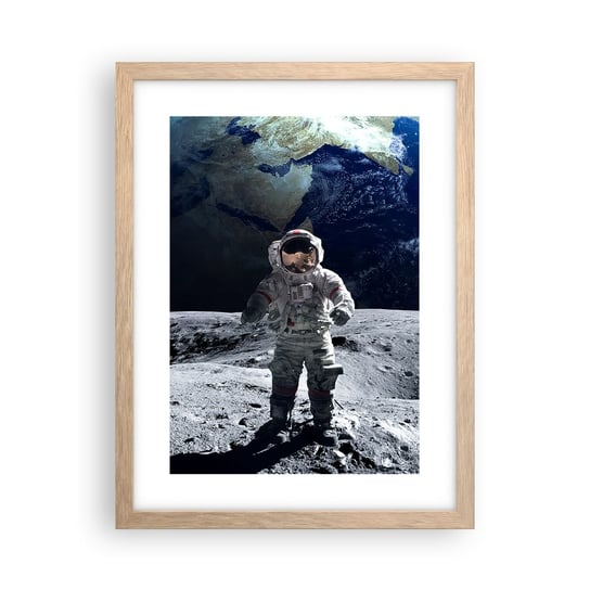 Obraz - Plakat - Pozdrowienia z Księżyca - 30x40cm - Astronauta Księżyc Planeta Ziemia - Foto Plakaty na ścianę w ramie jasny dąb - Plakat do Salonu Sypialni ARTTOR ARTTOR