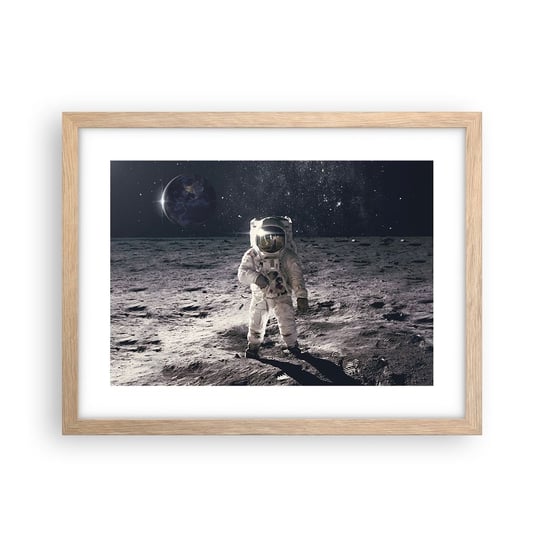 Obraz - Plakat - Pozdrowienia z Księżyca - 40x30cm - Abstrakcja Człowiek Na Księżycu Astronauta - Foto Plakaty na ścianę w ramie jasny dąb - Plakat do Salonu Sypialni ARTTOR ARTTOR