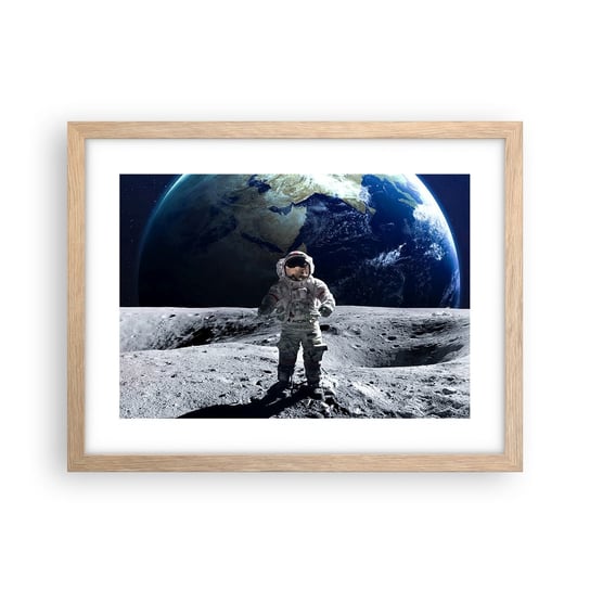 Obraz - Plakat - Pozdrowienia z Księżyca - 40x30cm - Astronauta Księżyc Planeta Ziemia - Foto Plakaty na ścianę w ramie jasny dąb - Plakat do Salonu Sypialni ARTTOR ARTTOR