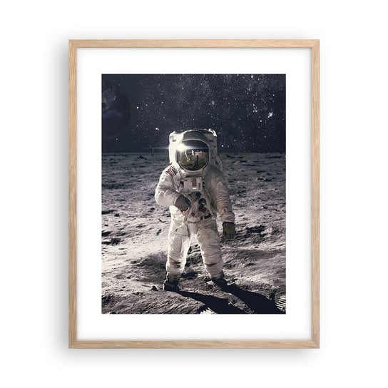 Obraz - Plakat - Pozdrowienia z Księżyca - 40x50cm - Abstrakcja Człowiek Na Księżycu Astronauta - Foto Plakaty w ramie koloru jasny dąb do Salonu Sypialni ARTTOR ARTTOR