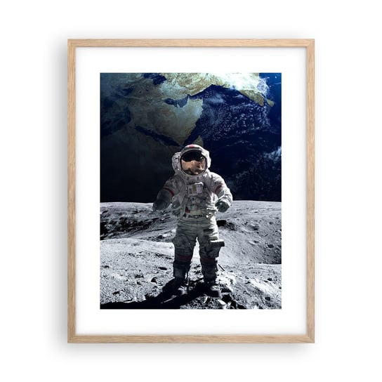 Obraz - Plakat - Pozdrowienia z Księżyca - 40x50cm - Astronauta Księżyc Planeta Ziemia - Foto Plakaty w ramie koloru jasny dąb do Salonu Sypialni ARTTOR ARTTOR