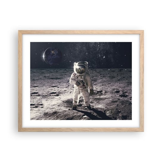 Obraz - Plakat - Pozdrowienia z Księżyca - 50x40cm - Abstrakcja Człowiek Na Księżycu Astronauta - Foto Plakaty w ramie koloru jasny dąb do Salonu Sypialni ARTTOR ARTTOR