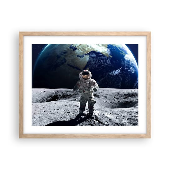 Obraz - Plakat - Pozdrowienia z Księżyca - 50x40cm - Astronauta Księżyc Planeta Ziemia - Foto Plakaty w ramie koloru jasny dąb do Salonu Sypialni ARTTOR ARTTOR
